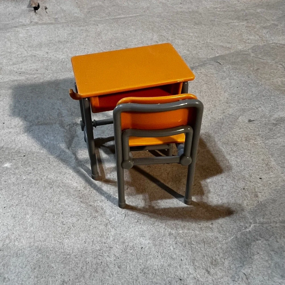 1:12 Scale Miniature School Desk and Chair Set Orange Grey Classroom